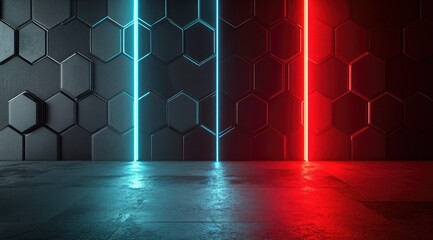 Dark room with hexagonal wall illuminated by vibrant red and blue neon lights, reflecting on a glossy floor