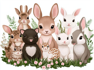 Fototapeta premium Cute smiling animals sitting on grass in vibrant illustration featuring various rabbits and hares surrounded by greenery and flowers, evoking joyful and playful atmosphere