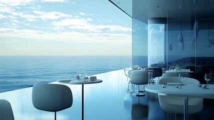 Ocean horizon cafe with infinity edge view and minimal decor