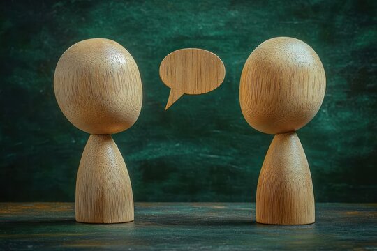 Two wooden figurines facing each other with a wooden speech bubble floating between them symbolizing communication and dialogue