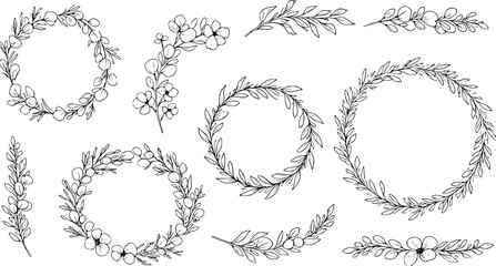 Set of hand drawn vector flower frame, tropical leaves, floral border, wildflower, eucalyptus wreath, branches. Ornament of botanical silhouette element vector. Nature card in minimal line style