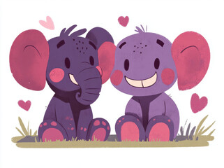 Cute smiling elephants sitting on grass with hearts around them, showcasing joyful and playful atmosphere. Their vibrant colors and cheerful expressions evoke happiness and warmth