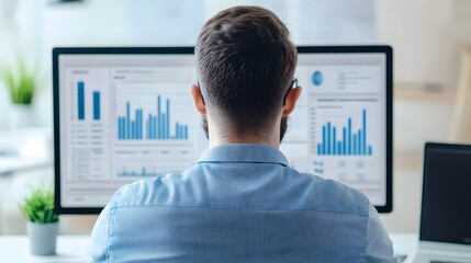 Business analyst reviewing corporate data through audit dashboard on screen