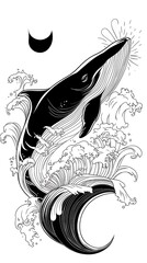 Fototapeta premium 黒と白の鯨と波のイラスト