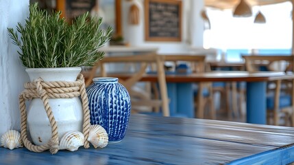 Nautical blue and white cafe with ropes and seashell vases
