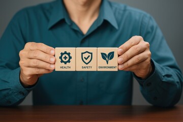 Health, Safety, Environment on wooden blocks held by a person