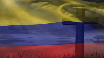 Gentle breeze starting flag waving around static wooden cross while tall grass swaying in sunlight - Powered by Adobe