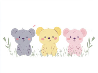 Obraz premium Cute smiling animals sitting on grass, featuring three adorable bears in gray, yellow, and pink. Their cheerful expressions evoke sense of joy and playfulness in serene setting