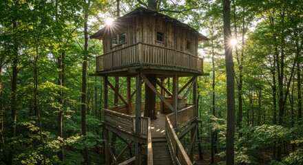 Treehouse Retreat: A rustic treehouse nestled high in the canopy of a lush green forest. The wooden structure offers a secluded sanctuary from the hustle and bustle of everyday life.