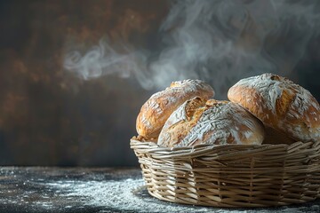 Fresh bread loaves dusted with flour arranged in a woven basket steaming slightly