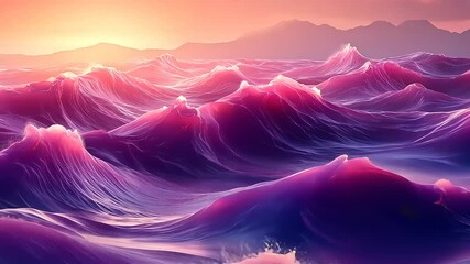 Abstract ocean waves in purple and pink hues at sunset against distant mountains background