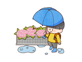 雨　こども　紫陽花　道