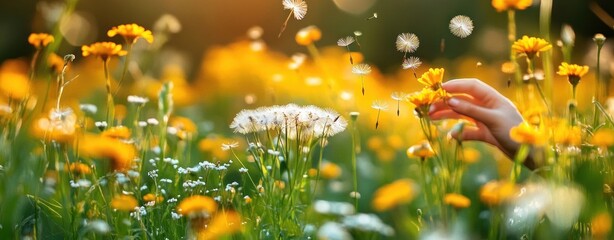 Close-up of a hand gently touching yellow wildflowers with dandelion seeds floating in a sunlit meadow, evoking a peaceful and dreamy atmosphere