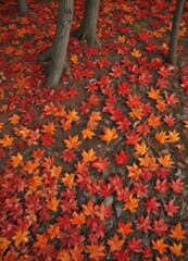 Vibrant red and orange maple leaves scattered on forest floor, nature photography, seasonal