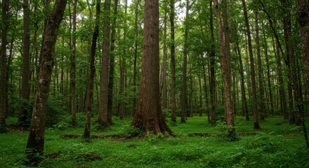 Obraz premium Serene Forest Canopy: A panoramic view of a lush, verdant forest, where towering trees create a natural cathedral of light and shadow. It is a tranquil depiction of nature's raw beauty