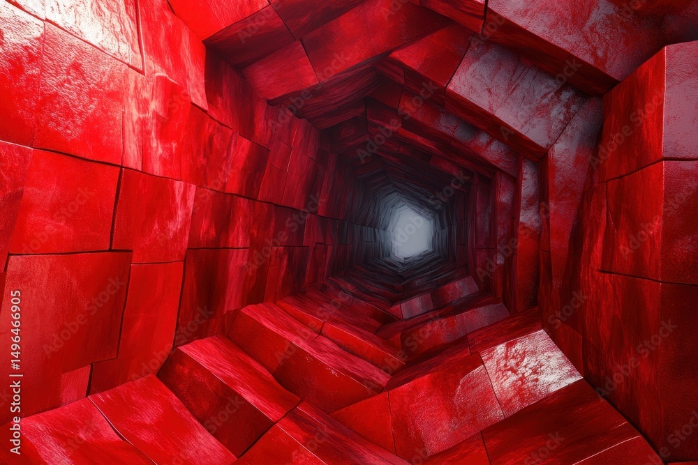 Poster tunnel of spinning red smooth blocks creates a mesmerizing illusion of depth and movement in dynamic