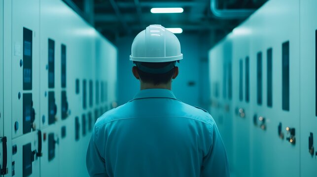 Electrical technician inspecting a switchgear unit in a power systems facility.