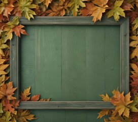 Rustic fall leaves frame, blank green wood sign , border, autumn leaves border, blank sign