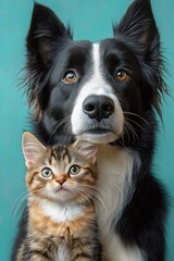 Obraz premium close up portrait of a black and white dog and a tabby cat with alert expressions against turquoise background