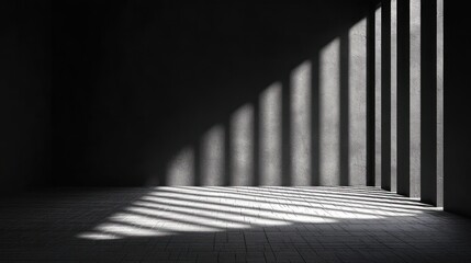 Light streaming through vertical bars casting dramatic shadows on a textured floor and wall in a dark empty room conveying solitude and contrast