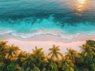 Aerial view of a tropical beach with turquoise ocean waves gently washing onto white sandy shore lined with lush green palm trees during golden hour