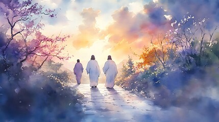 Jesus appearing on path to Emmaus, watercolor artwork, radiant white robes, pastel sunset sky, travelers in awe, soft trees and village backdrop, delicate blossoms. Created Using: round brush,