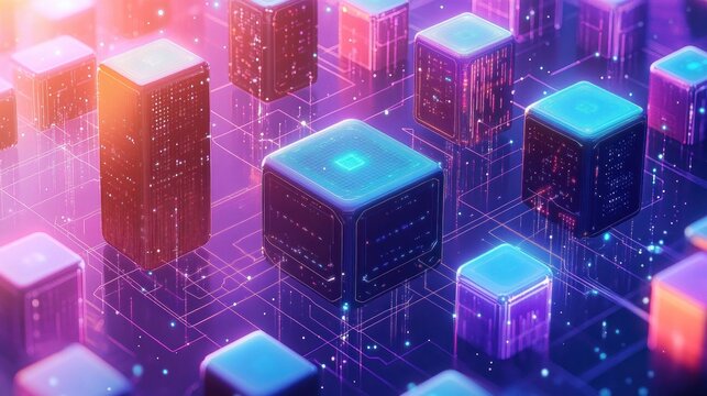 glowing futuristic digital cityscape with floating neon cubes connected by light grids in purple and orange hues