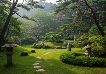 Serene Garden Pathway: A meticulously landscaped garden, showcasing a tranquil pathway meandering through lush greenery, stone lanterns, and serene natural elements in a picturesque scene.