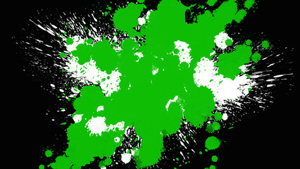 Vibrant green and white paint splatter explosion on black background with dynamic grunge abstract effect