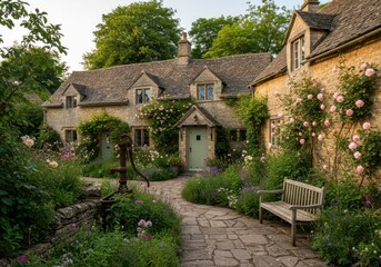 Idyllic Cottage: A charming stone cottage, adorned with climbing roses, nestles in a quaint garden setting. Sunlight bathes the scene.
