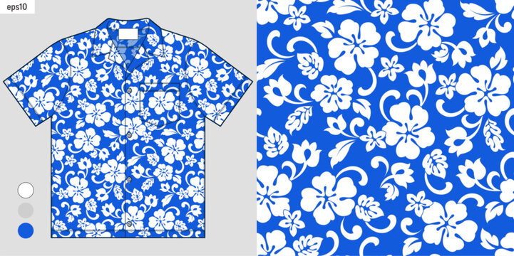 Summer beachwear vector pattern with hibiscus flowers and tropical leaves, Hawaiian shirt mockup design, fabric print ready, clear presentation, not AI generated.