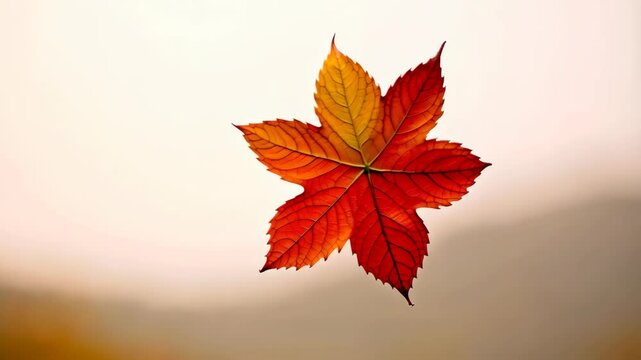 Isolated single red-orange maple leaf shows autumn color transition, highlighting delicate veins against soft blurry autumnal background.