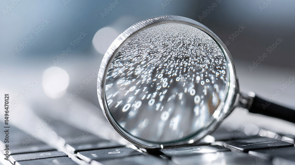 Poster a magnifying glass focusing on a sea of binary code representing the importance of data analysis in 