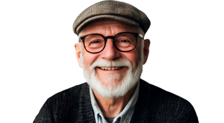  Happy old man with glasses and cap, wearing a cardigan, isolated on a transparent background. Cutout PNG, 200 pixels