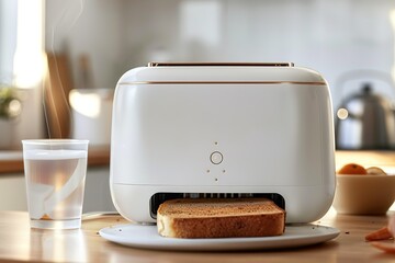 Modern white toaster with golden trim toasting slice of bread on kitchen counter
