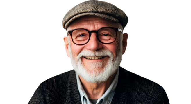  Happy old man with glasses and cap, wearing a cardigan, isolated on a transparent background. Cutout PNG, 200 pixels