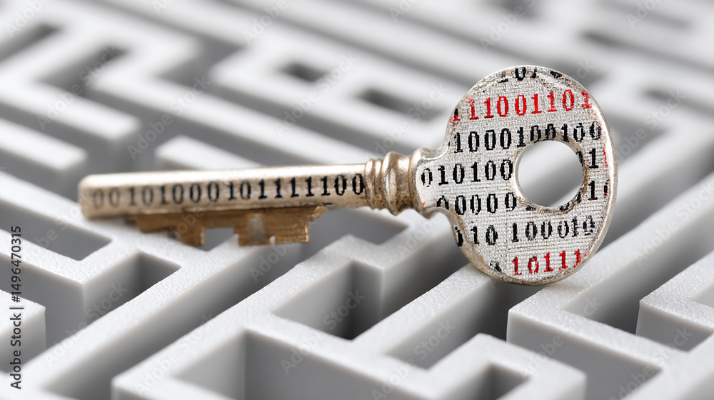 Poster the key to unlocking digital security represented by a silver key amidst a maze of binary code