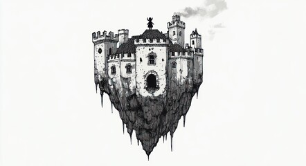 Black and white illustration of a large medieval castle sitting atop a floating jagged rock in an empty space evoking mystery and fantasy