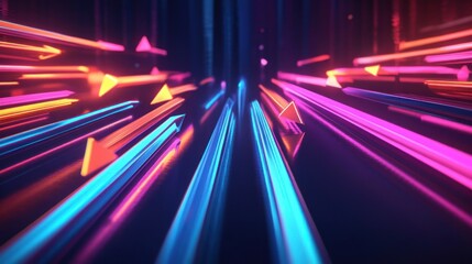 Dynamic abstract scene with glowing neon arrows and streaks of light in vibrant blue, pink, red, and orange tones creating a sense of motion and energy