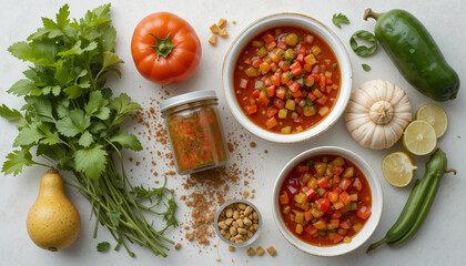 Culinary Delights: A tantalizing overhead shot presents two bowls of vibrant stew, flanked by fresh produce, hinting at a feast of flavors.