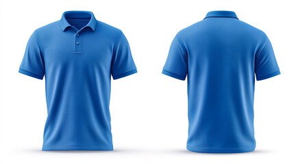 Classic blue polo shirt mockup displayed in front and back views, featuring short sleeves, and a buttoned collar.
