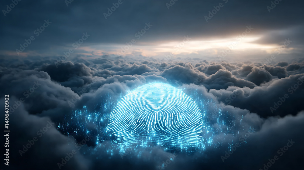Poster the intricate pattern of a fingerprint illuminated by soft light emerging from a cloudy background
