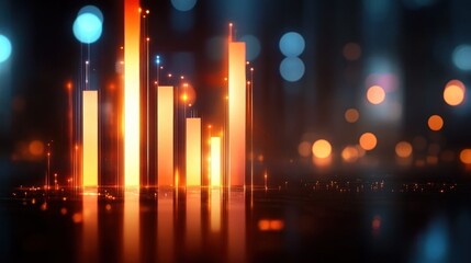 Glowing vertical bars of varying heights glowing in warm orange with a blurred dark background and soft bokeh lights, representing digital data or sound levels