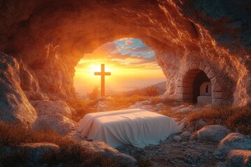 Sunrise illuminating a rocky cave interior with a covered stone slab, a wooden cross outside, and a small archway niche, evoking peace and reverence
