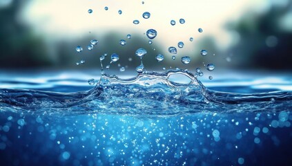 Close-up of clear blue water splashing with droplets suspended in the air against a blurred natural background