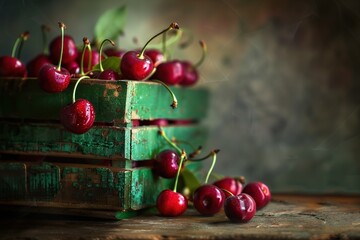 Ripe cherries spilling from a weathered crate a tempting treat Fresh and delicious!