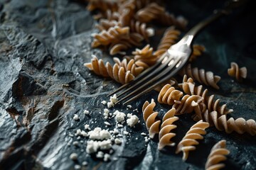 Fototapeta premium Rotini pasta served with a fork and sprinkled cheese on a dark textured surface