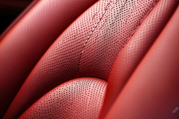 Close-up of luxurious red perforated leather upholstery with detailed stitching and smooth texture