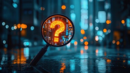 Magnifying glass focusing on a glowing orange question mark on a wet city street at night with blurred blue and orange lights in the background creating a mysterious and inquisitive atmosphere