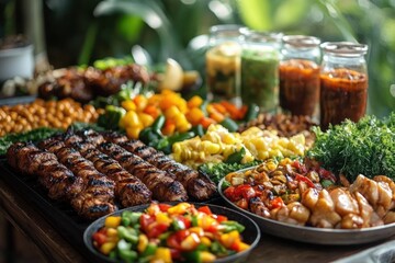 A colorful and appetizing buffet table featuring grilled meats, fresh mixed vegetables, corn, herbs, and jars of sauces and pickled vegetables in a vibrant outdoor setting